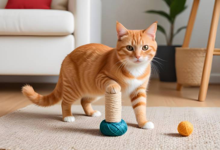 Ginger Cat Playing with Sisal Toy in Bright Home, Cute Pet Fun Moment