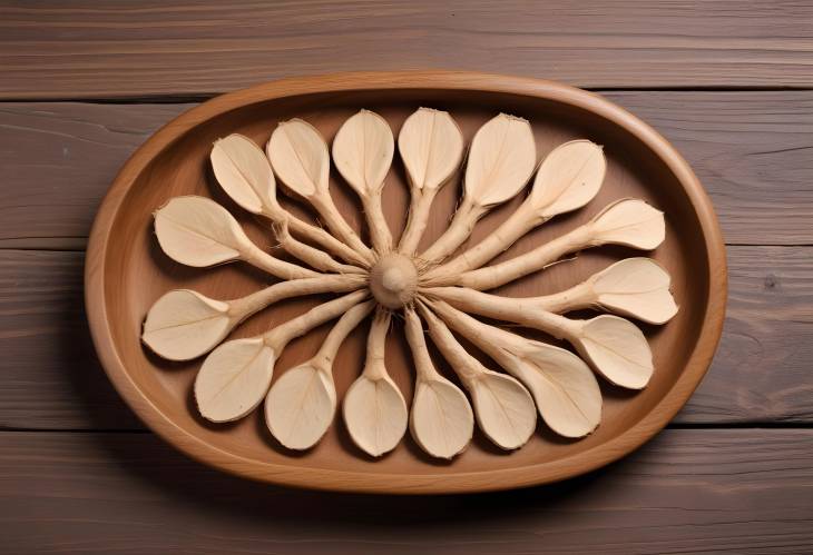 Ginseng Root and Slices on Wooden Dish for Antioxidant Rich Health Benefits with Copy Space