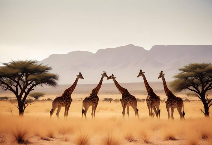 Giraffe Herd in the Kalahari Desert Panoramic Savanna Landscape of Namibia