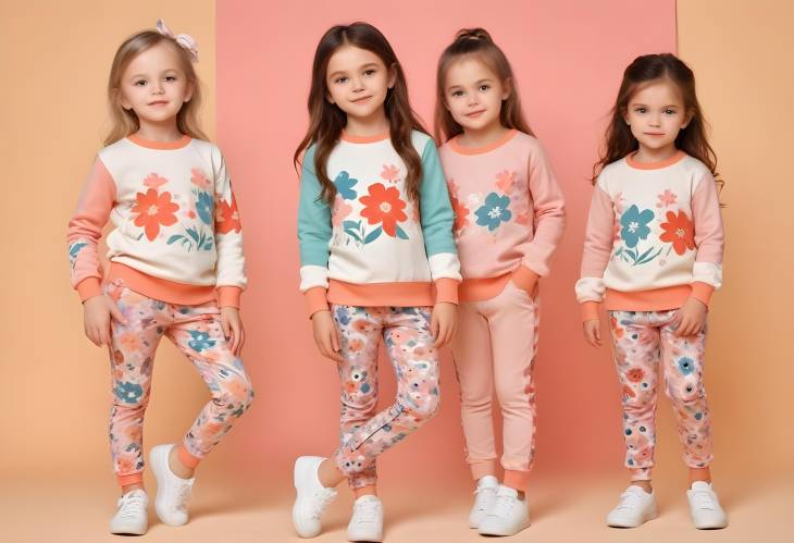 Girls Clothes Set Knit Flower Pattern Sweater with Colorblock Leggings on Colored Background