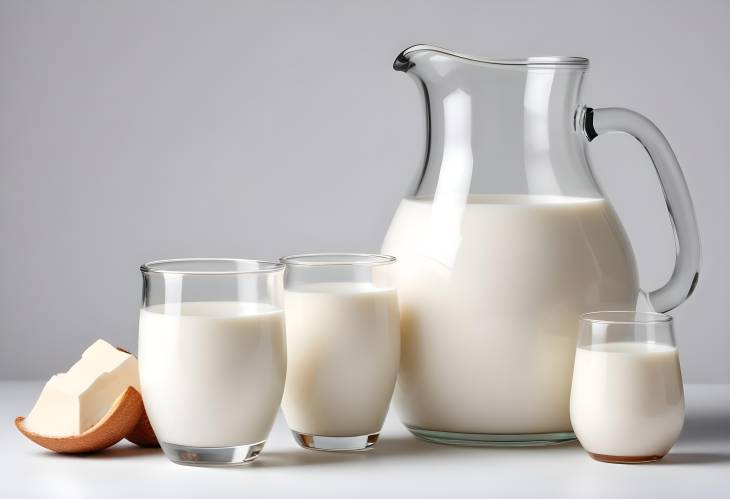 Glass and Jug Filled with Milk Isolated on White  Ideal for Dairy Product Displays