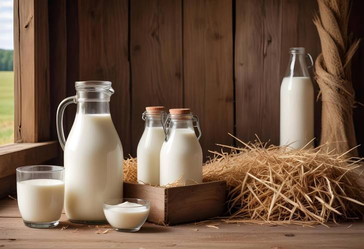 Glass Bottle of Fresh Farm Milk Rustic StillLife with Hay, Barn Wood, Milk Pail, Country Charm