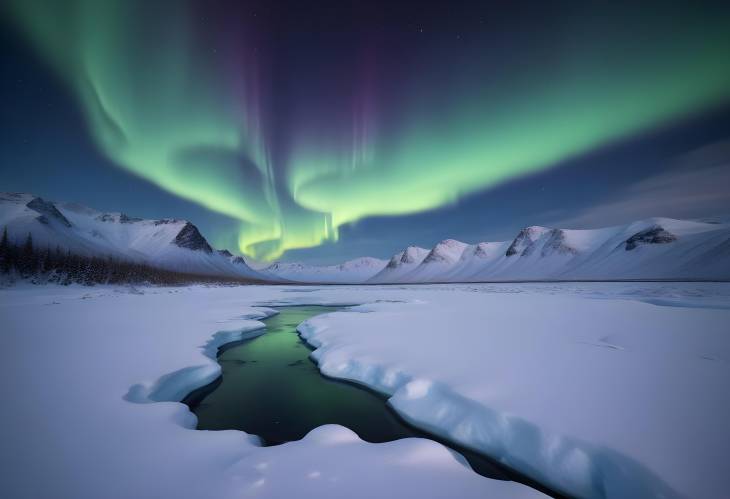 Glistening Aurora Borealis Illuminates a Snowy Arctic Landscape Under a Starry Night Sky