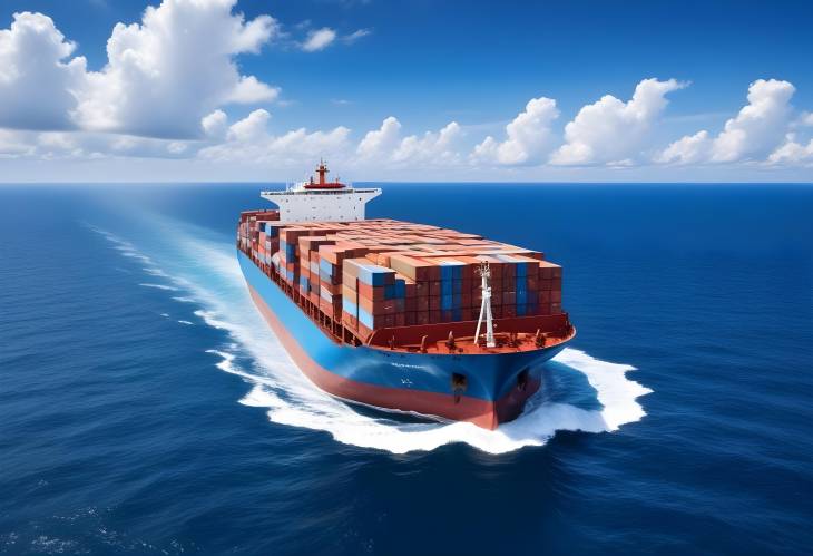 Global Logistics Ship in Ocean, Blue Sky Background