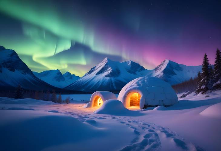 Glowing Aurora Borealis Over Snowy Igloo in Winter Mountains A Stunning Northern Lights Display