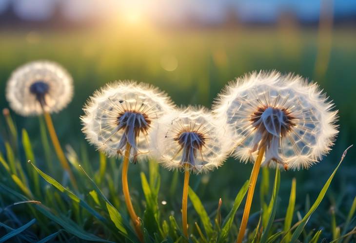 Glowing Dandelions in Grass at Dawn with Blue and Gold Background