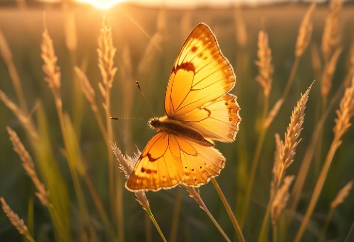 Glowing Golden Butterfly in Sunset on Meadow Grass