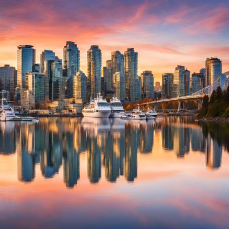 Glowing Sunset Over Vancouver Skyline A British Columbia Evening Delight