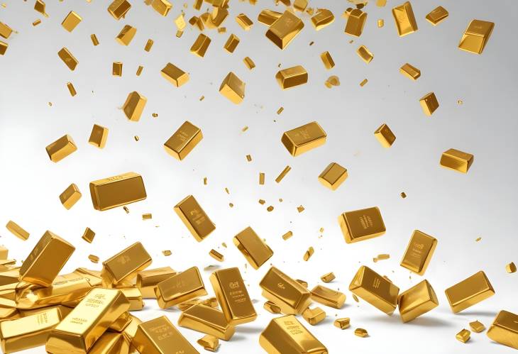 Gold Bars Falling on a Clean White Background, Ideal for High End Financial and Wealth Illustration