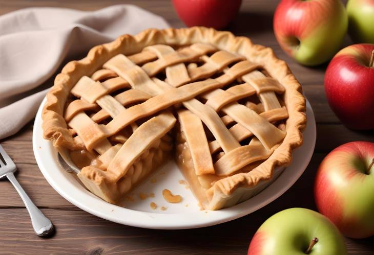 Golden Apple Pie with Flaky Crust and Fresh Apples Close Up on Table