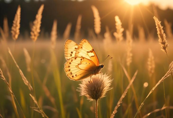 Golden Butterfly Glows in Sunset Light on Meadow