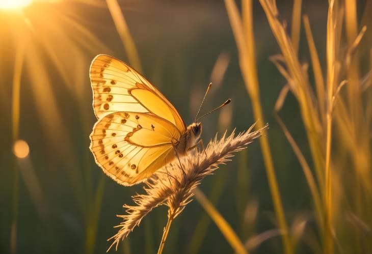 Golden Butterfly in Meadow Sunset Glowing Wings