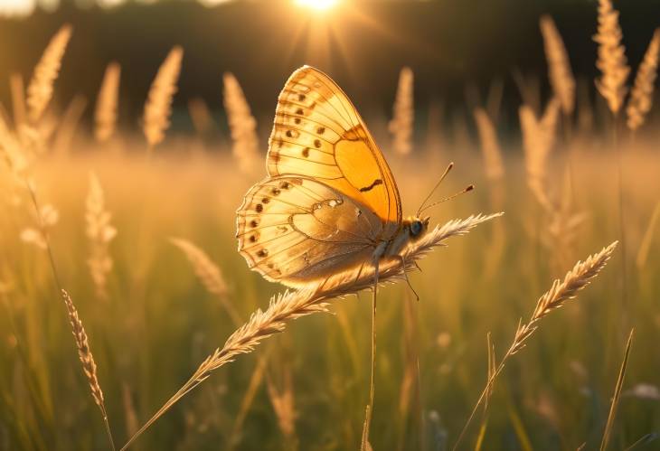 Golden Butterfly in Summer Meadow at Sunset