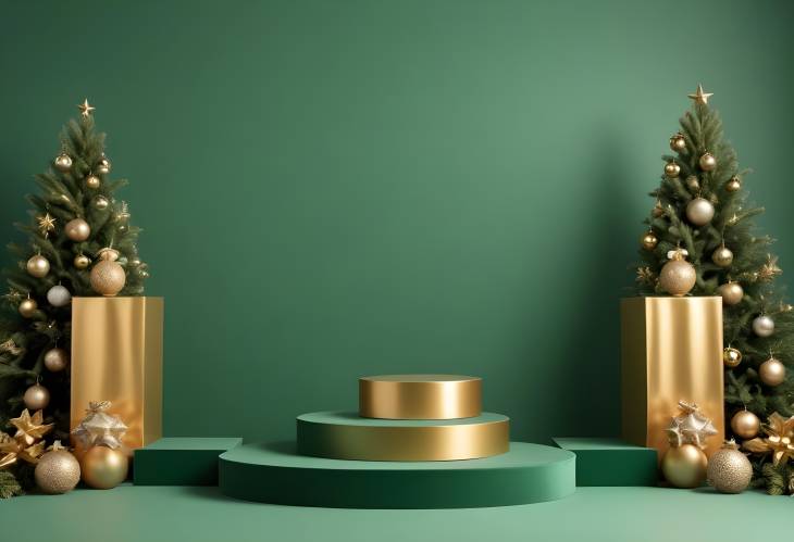 Golden Christmas Accessories and Empty Podiums on Green Background, Blank Space for Product