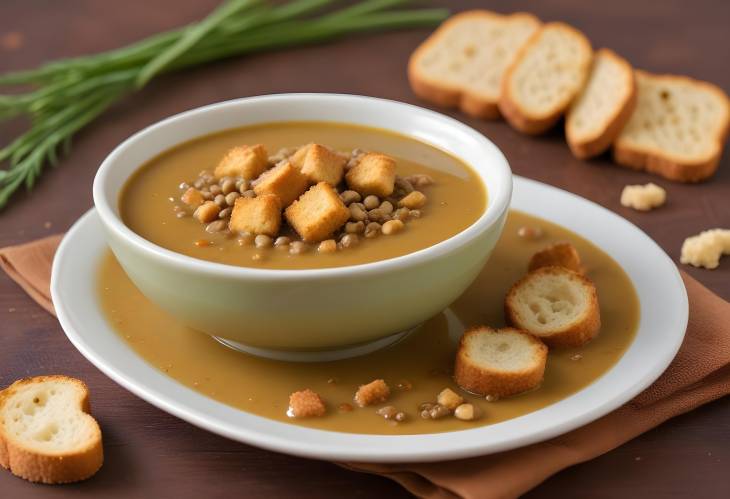 Golden Croutons on Pureed Lentil Soup Smooth and Savory Lentil Soup with a Crunchy Top