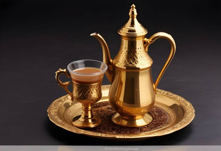 Golden Dallah with Traditional Saudi Coffee for Ramadan on Dark Background