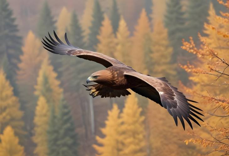 Golden Eagle in Autumn Skies Flying Over umava National Park, Czech Republic