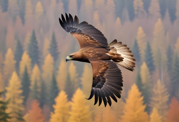 Golden Eagle Soaring in Autumn Spectacular Flight Over umava, Czech Republic