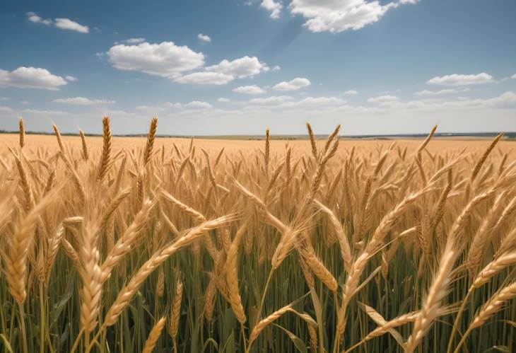 Golden Field of Wheat Swaying Gently in the Breeze Under a Vast Blue Sky on a Warm Summer Afternoon