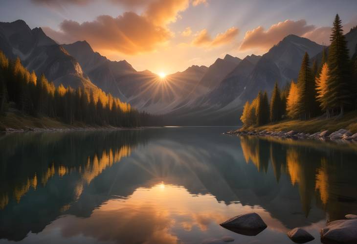 Golden Hour Beauty Over a Serene Mountain Lake with Majestic Peaks and Calm Reflections Creating