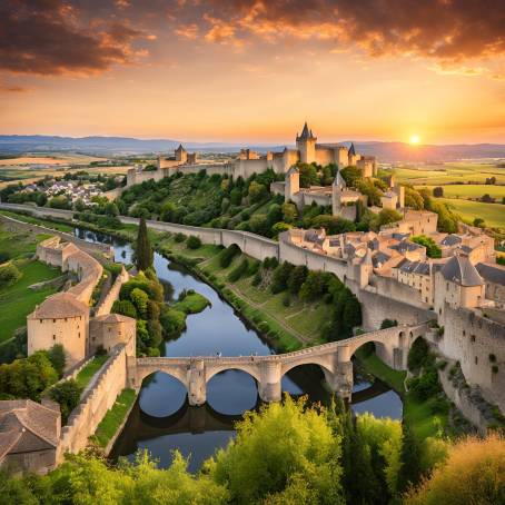 Golden Hour View of Carcassonne Old Town and Pont Vieux, France