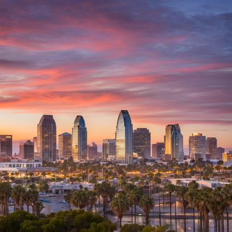 Golden Hues Over San Diego Downtown Skyline at Sunset in California