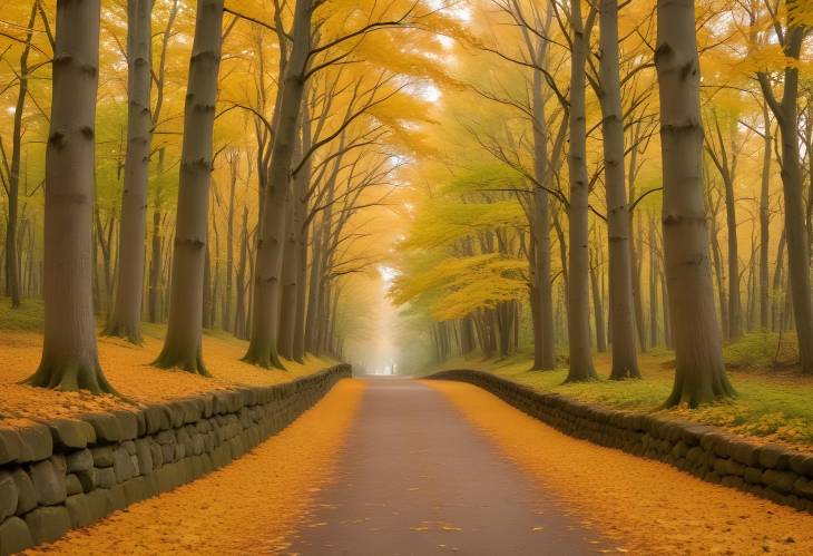 Golden Leaf Covered Autumn Path with Tall Trees and Cloudy Sky