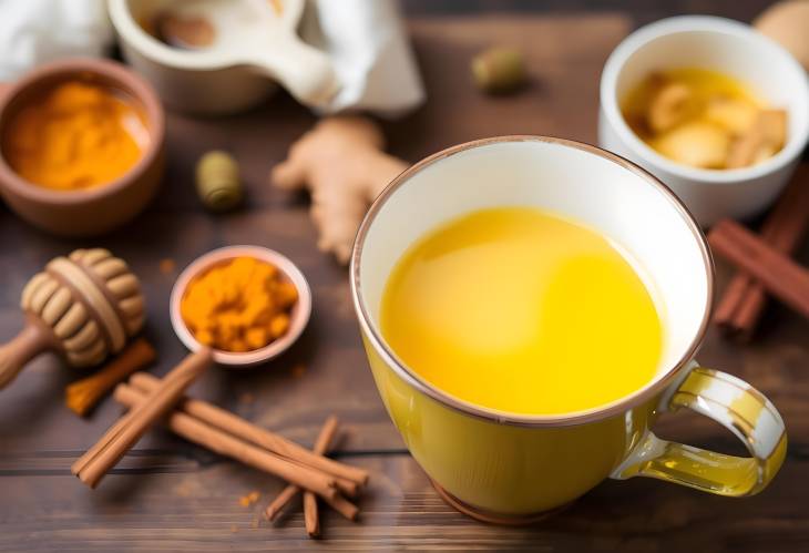 Golden Milk in a Mug Honey, Turmeric, Ginger, Cardamom, and Cinnamon for a Cozy Drink