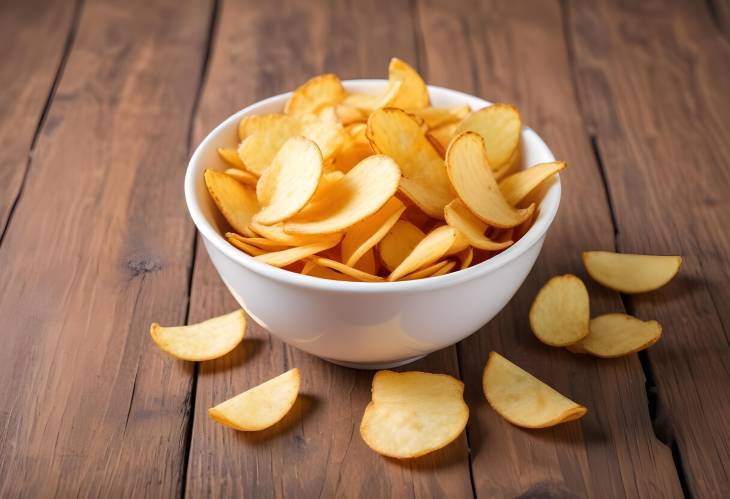 Golden Potato Chips in White Bowl Ideal Snack for Beer Festivals