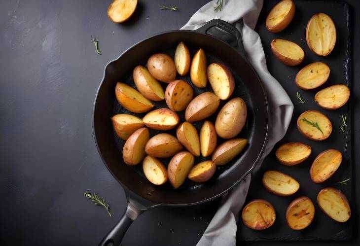 Golden Roasted Potatoes Baked Wedges in a Frying Pan, Dark Stone