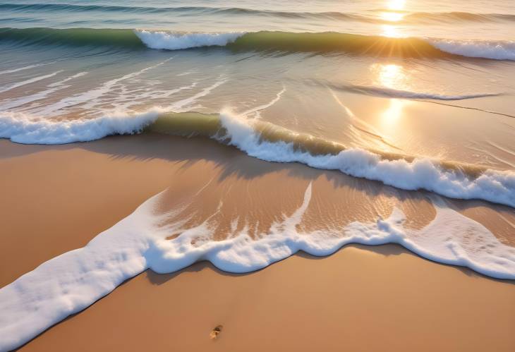 Golden Sandy Beach with Sun Drawing and Ocean Waves