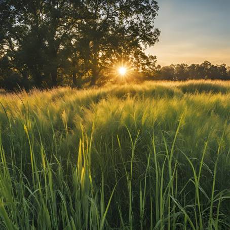 Golden Sun Rays Shining Through Tall Grass in a Serene Field