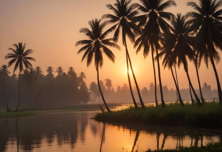 Golden sunrise illuminates the palmlined backwaters of Kerala, Malabar Coast, South India