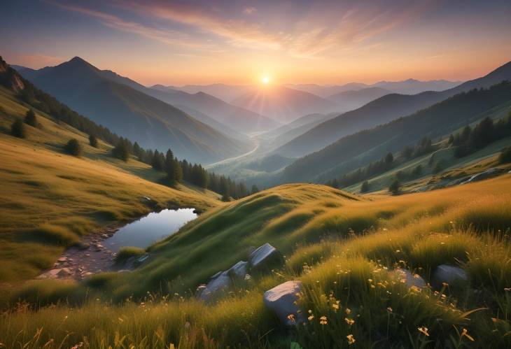 Golden Sunrise Over Mountain Valley, Capturing the Essence of Summer Landscapes