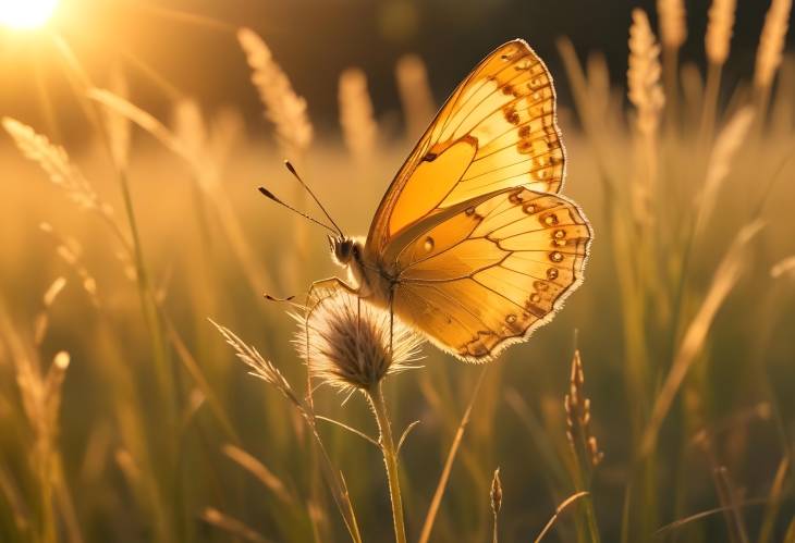 Golden Sunset Butterfly Macro on Wild Grass Meadow