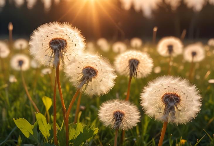 Golden Sunset Over Fluffy Dandelions in Meadow