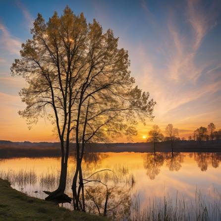 Golden Sunset Over Northern Lake Blue Sky and Coastal Reflection