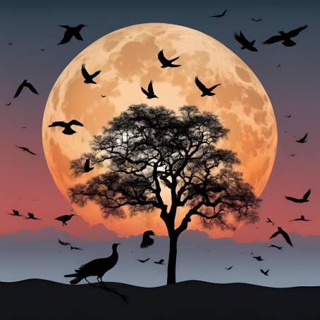 Golden Sunset with Full Moon and Silhouetted Trees and Birds  Captivating Sky Scene