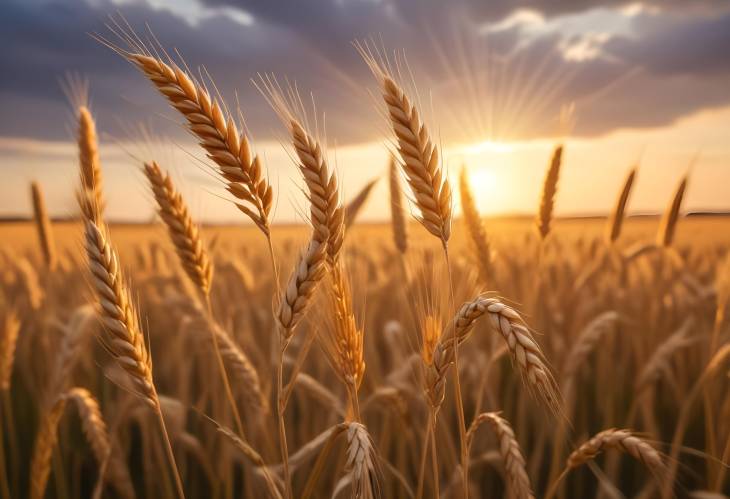 Golden Wheat Ears with Sunset Rays in Summer Field, Macro