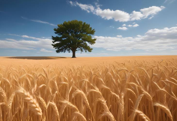 Golden Wheat Field with a Single Tree and a Bright, Clear Blue Sky Overhead