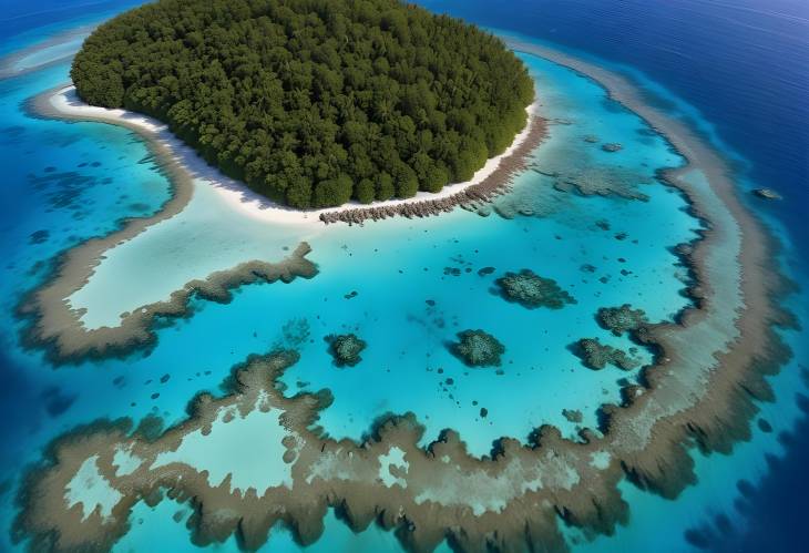 Gorgeous Aerial View of a Coral Reef Surrounding a Tropical Island with Crystal Clear Waters