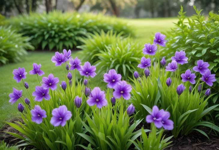 Gorgeous Purple Flowers Blooming in Lush Garden Grass in the Morning Sunlight