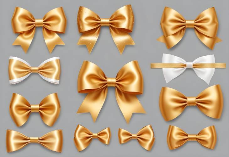 Gorgeous Set of Golden Bows Isolated on White Elegant Gold Ribbons for Gifts and Decor