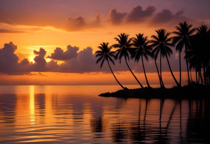 Gorgeous Sunset Over Tranquil Waters with Silhouetted Palm Trees Framing a Serene Tropical Scene