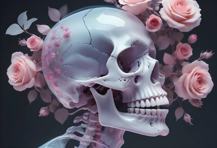 Gothic XRay of Skull with Intricate Floral Details and Soft Pink Background