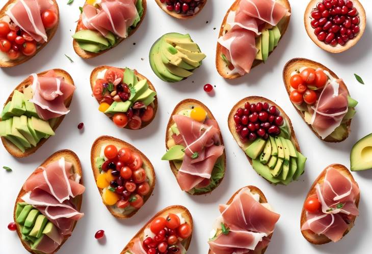 Gourmet Bruschettas with Avocado, Prosciutto, Tomatoes, and Pomegranate  A Stylish Appetizer