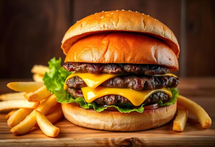 Gourmet Burger with Lettuce and Fries