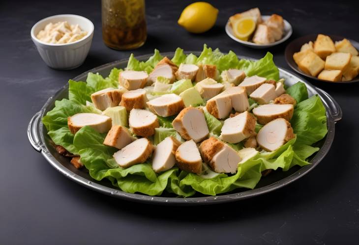 Gourmet Caesar Salad with Chicken Breast on Metal Tray A Dark and Delicious Meal