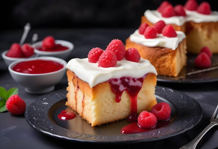 Gourmet Cake with Raspberry Sauce and Cream Close Up on Dark Background, Pastry Snack Delight