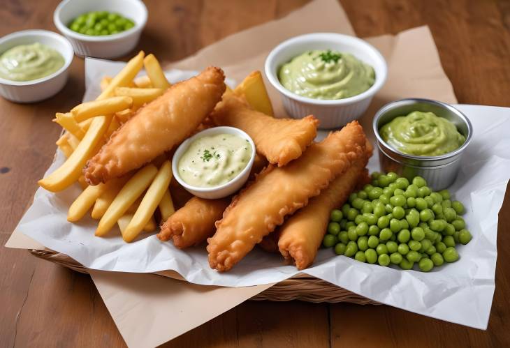 Gourmet Fish and Chips with Tartar Sauce and Mushy Peas